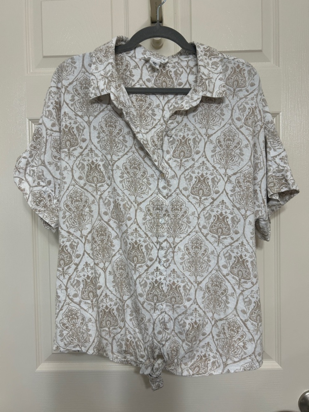 For The Republic Beige White Linen Rayon Button Down Lightweight Beachy Top M L